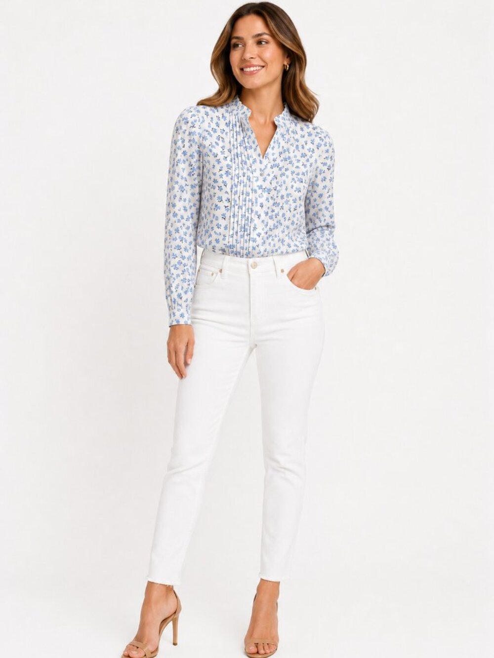 Ann Taylor Floral Ruffle-Neck Blouse Long Sleeve Women's Blue Petite XXS - Picture 10 of 10